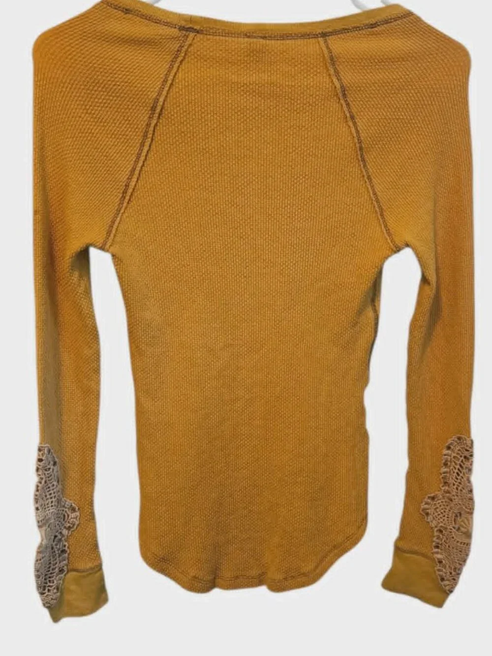 Free People Synergy Thermal Top Mustard Yellow Crotchet Lace Cuffs Size S(P)